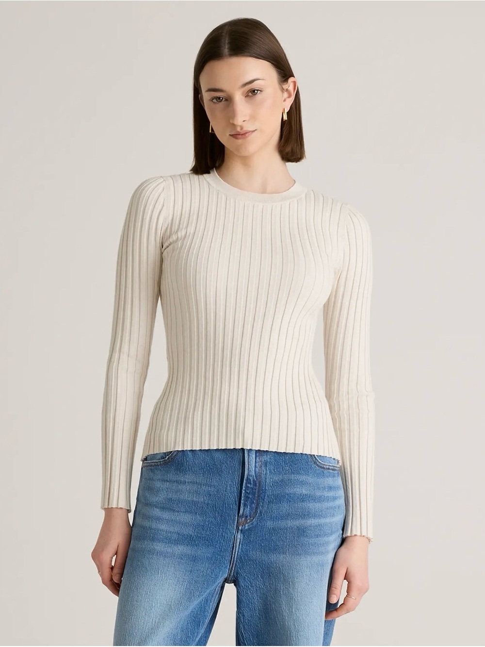 Quince Cotton Cashmere Ribbed Long Sleeve Sweater